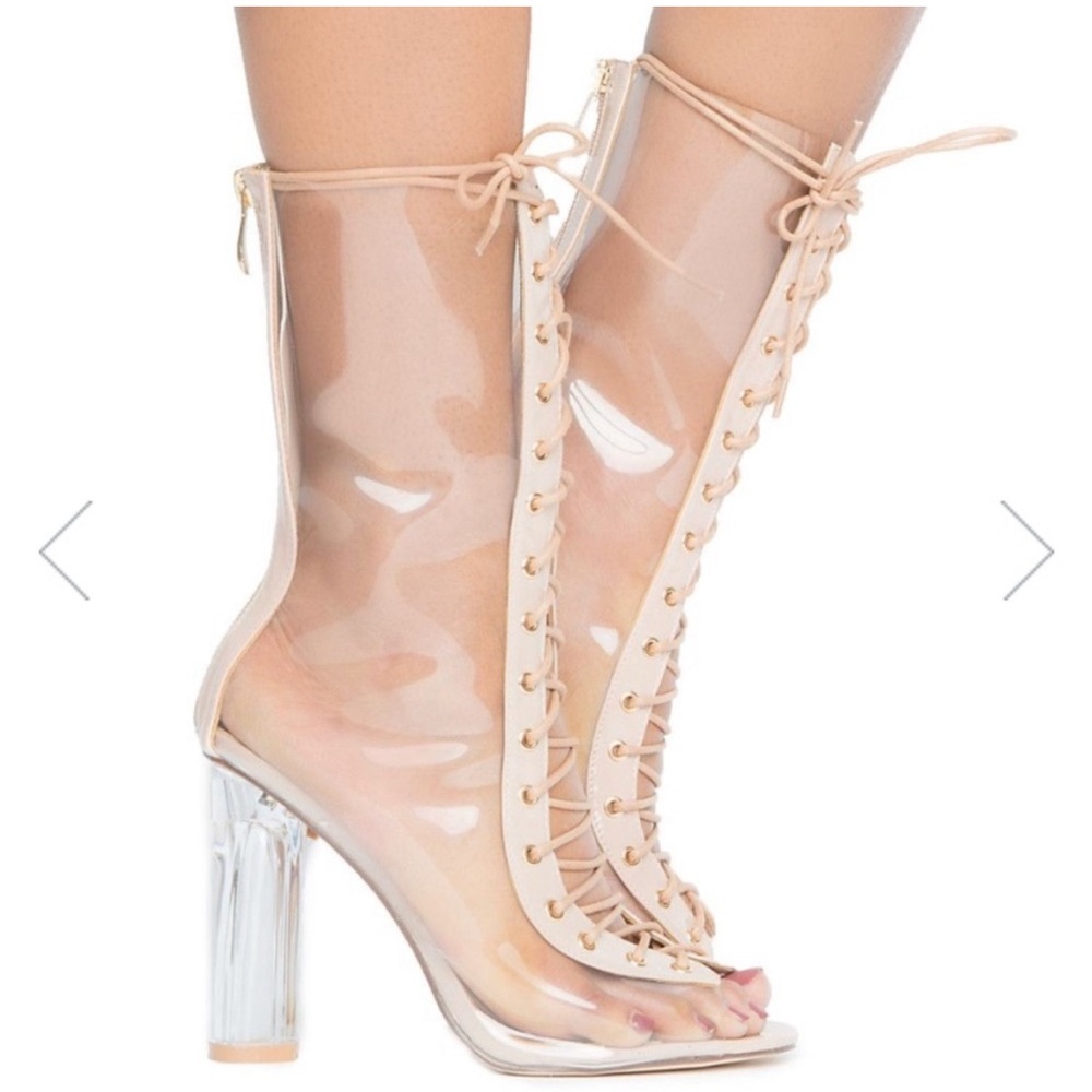 Cape Robin Open Toe Chunky Clear Heel Lace Up Mid Calf Fairycore Ethereal ‎ Sz 8